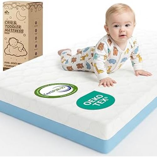 Dual Sided Baby Crib Mattress, 5 Inch Thick Soft & Firm Memory Foam Breathable Toddler Mattress, 4 in1 Standard Baby Bed Mattresses with Removable Washable Cover 52x27.6x5 - Blue