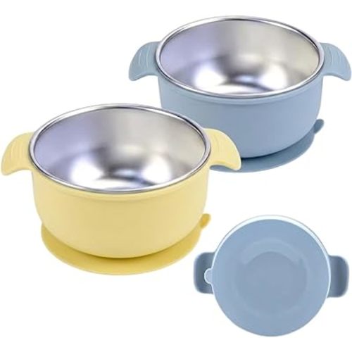 Stainless Steel Baby Suction Bowls with Handles 2 Pack, Non-Slip Children Food Bowl with Silicone Sleeve for Kids Toddlers Infants, Unbreakable & Non Toxic (Butter Yellow & Baby Blue)