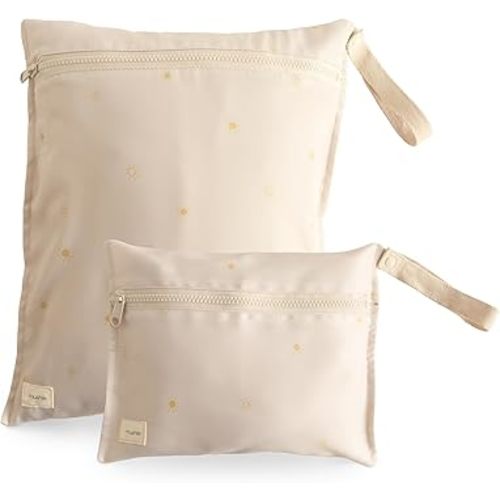 mushie Water Resistant Wet Bags | Large & Small Reusable Storage Bag for Baby Items and Travel | Zippered Pockets with Handle | Machine Washable, Set of 2 (Sun)
