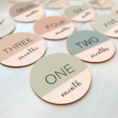 cephira Monthly Baby Milestone Wooden Circles – 6-Pack Double-Sided Printed Milestone Signs with Warm Tones & Wood Color, Ideal for Newborn Photography Props (Earth tone)