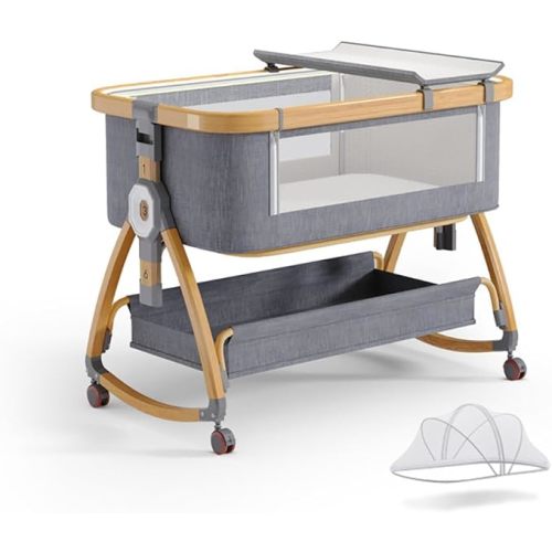 Baby Bassinet, Bedside Bassinet for Baby, 4 in 1 Portable Bassinet Bedside Sleeper with Wheels Mosquito Net & Storage Basket, 6 Height Adjustable Rocking Bassinet for Newborn Baby
