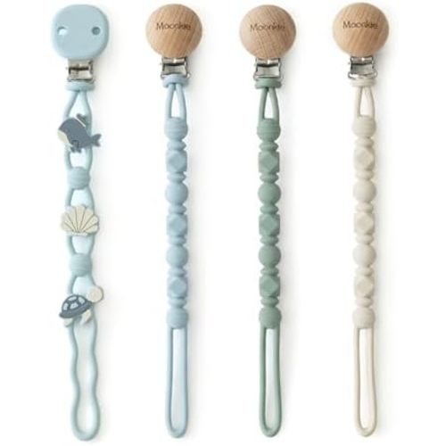Moonkie Silicone Pacifier Clips for Baby – Durable One-Piece Binky Holder, Mixed Styles Paci Clips, Baby Essentials for Newborn Boys & Girls - 4 Pack (Sea Whispers)