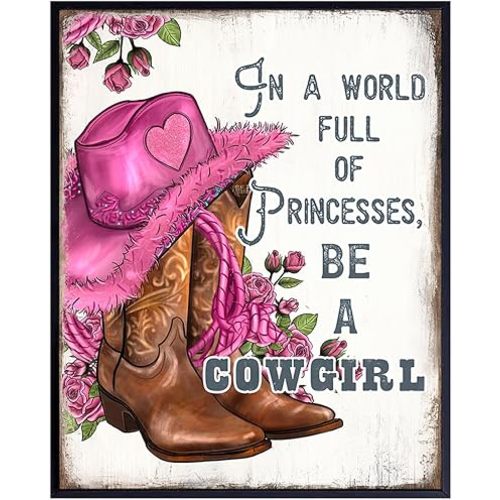 Pink Cowgirl Wall Art for Women - Cute Sayings Western Wall Decor - Inspirational Boho Living Room Decor, Bohemian Wall Decor for Women, Woman, Girls, Teens - Rustic Bathroom Decor Country Decorations
