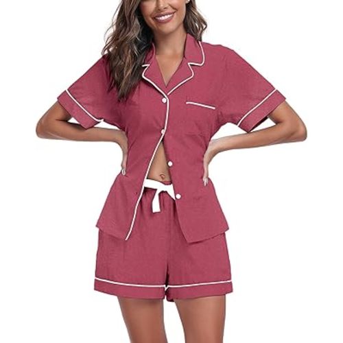COLORFULLEAF Womens 100% Cotton Pajamas Set Short Sleeve Sleepwear Button Down Pjs Soft 2 Piece Lounge Set with Pockets S-XXL