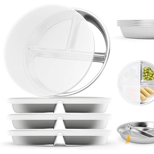 Stainless Steel Kids Plates with Lid 4 Packs, Deepened 9" Portion Control Plate Divided Plate for Adults Bariatric Weight Loss & Diabetic Diet, Non Toxic Unbreakable Toddlers Lunch Dishes