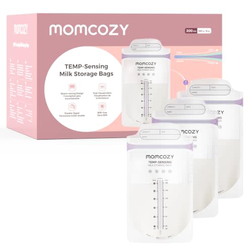 Momcozy Breastmilk Storage Bags, Larger Temp-Sense Area&Double Zip, 200ct | Visual Temp-Sensing | Double Zip Leak-Proof | Stand-Up Base | BPA-Free Pre-Sterilized | Easy-Write Label | 200ct 6oz