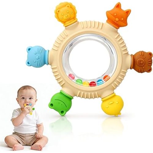 Baby Teething Toys for 3-6 6-12 Months, Silicone Baby Teether & Rattle, Chew Sensory Toys for Teething Relief, Baby Gift for Newborn Boys Girls