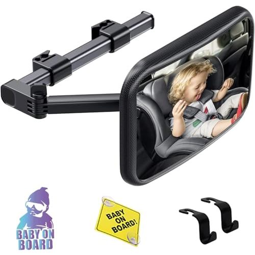 Baby Car Mirror Rear Facing, Safety Adjustable Car Seat Mirror for Baby Extendable Camera Monitor with Hook Clip Design Clear View ShatterProof + 2 Baby on Board Stickers,2 Seat Headrest Hook