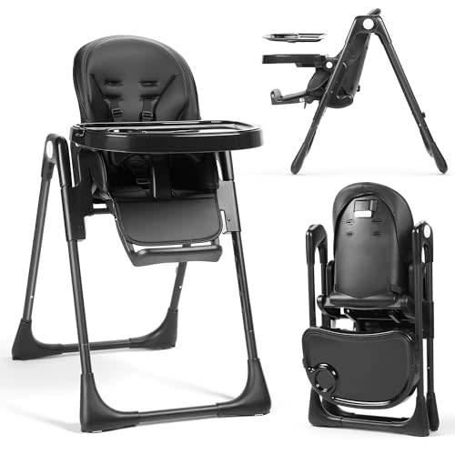 TODEFULL 3 in 1 Foldable Baby High Chair, Infant High Chairs for Babies and Toddlers, 6 Height & 5 Recline Adjustable Toddler Feeding Chair, 2 Tray Depth & 3 Footrest Angles, 2 Built-in Wheels, Black