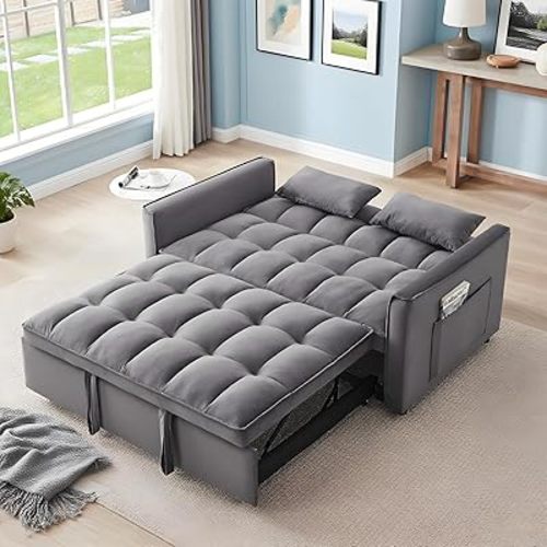 3-in-1 Convertible Sofa Bed, Pull-Out Sleeper Bed with Adjustable Backrest & Two Arm Storage Pocket, Velvet Futon Couches, Loveseat, Dark Gray