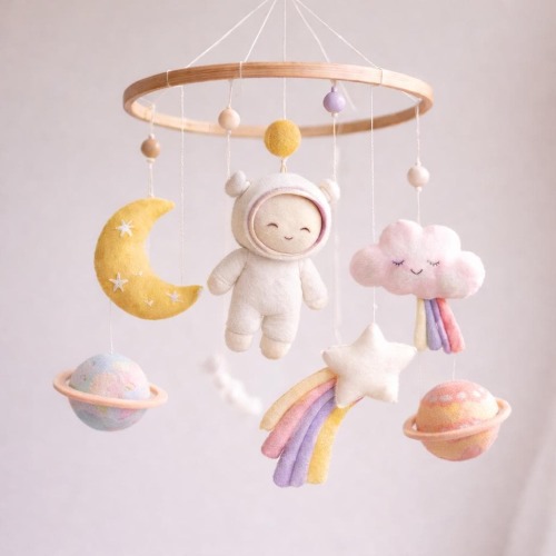 Astronaut Girl Baby Mobile, Space Nursery Mobile, Moon & Cloud Crib Mobile, Pastel Rainbow Felt Hanging Mobile, Planets, Baby Shower Gift