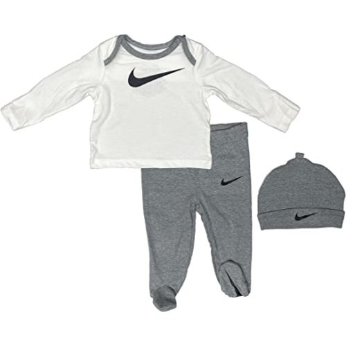 Nike Baby Boy Footed Pants, Long Sleeve Top and Beanie 3 Piece Set (W(56K436-042)/G, 3 Months)