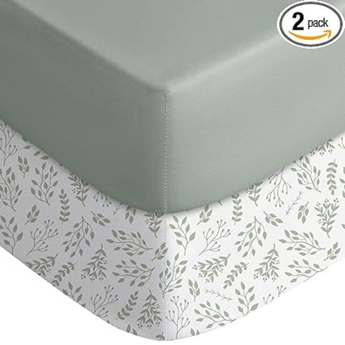 Yoofoss Baby Crib Sheets for Boys Girls, Fitted Crib Sheet 2 Pack for Standard Crib and Toddler Mattress, Super Soft Microfiber Baby Sheet 28x52x8in(Green+Leaf)