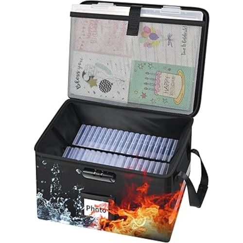 Fireproof Photo Storage Box with Lock, Holds 36 Inner 4"x6" and 3 Large 8"x12" Photo Cases, Waterproof Picture File Organizer, Portable Photos Boxes Containers for Valuables, Photos, Crafts, Documents