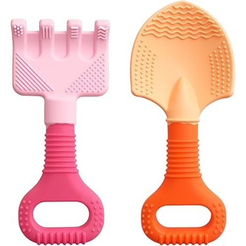 Baby Garden Teething Toys - Shovel & Rake Silicone Teethers for Babies 3-12 Months, Textures Chew Toys for Teething Relief & Sensory Development, Baby Gardening Set for Easter Gifts Basket Stuffers