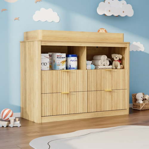 ANPOO Fluted Changing Table Dresser, 2-in-1 Convertible Baby Changing Station with Capacity Changing Tray, Removable Topper, Nursery Dresser with 4 Drawers & Open Storage, Anti-Tipping Device