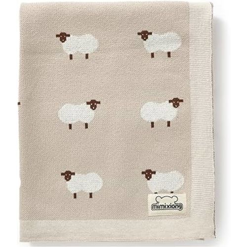 mimixiong Baby Blanket Knit 100% Cotton Toddler Blankets for Boys and Girls with Cute Sheep Size 30 x 40 inches Khaki