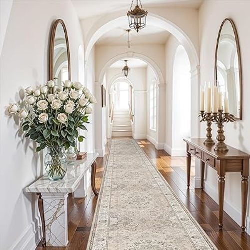 Hallway Washable Runner Rug - 3x20 Kitchen Rugs Entryway Rug Long Runner Vintage Soft Floor Mat Non Slip Indoor Farmhouse Carpet for Bathroom Living Room Bedroom (3 X 20, Beige)