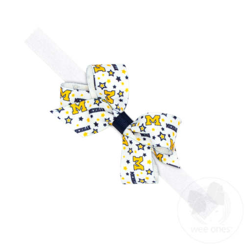 Mini Signature Collegiate Logo Print Grosgrain Hair Bow on Elastic Baby Band - MICHIGAN / ONE SIZE | Wee Ones Hair Bows & Accessories