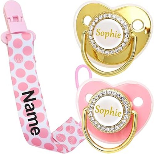 Customized Golden Letter Baby Pacifier, Personalized Bling Pacifier with Pacifier Clips and Anti-Dust Cover for Baby Shower Newborn Birthday Photography (Dot)