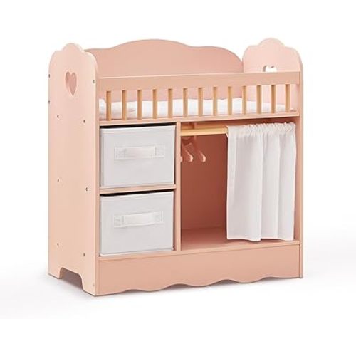 OOOK Baby Doll Crib, Wooden Baby Doll Bed and Changing Table, Dollhouse Furniture with Two Storage Box, Bedding and Coat Hangers, Nursery Playset Suitable for Dolls Under 22 Inches, Pink