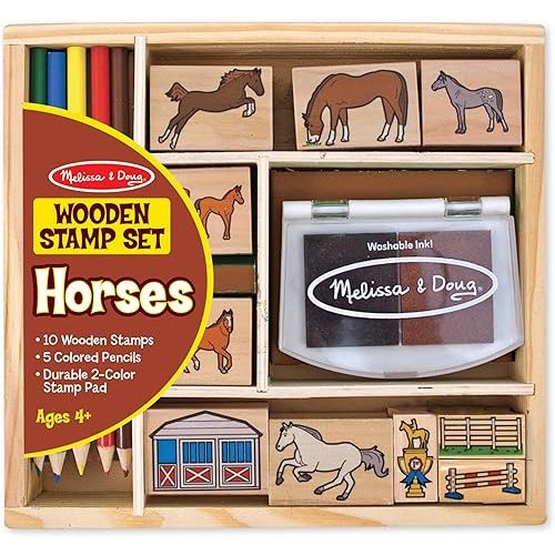 Melissa & Doug Wooden Stamp Activity Set: Horse Stable - 10 Stamps, 5 Colored Pencils, 2-Color Stamp Pad
