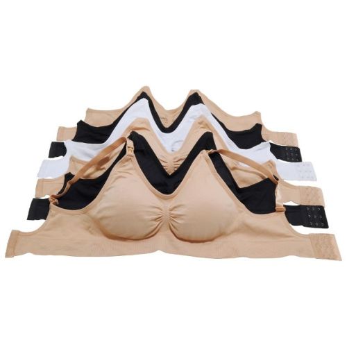 Angelina Womens Seamless Nursing Bras with Ruched Cups - Small/Medium Black, White, and Beige (6-Pack)