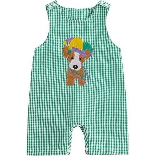 Lamuusaa Newborn Baby Girl Boy Mardi Gras Outfit Sleeveless Plaid Mardi Gras Dog/Truck Embroidery Romper Jumpsuit 0-18M