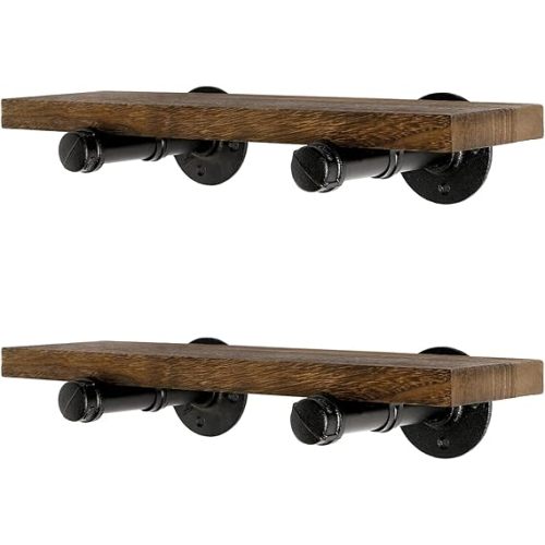 Wall Mounted Floating Shelves, Floating Shelves with Industrial Pipe Brackets Set of 2 Rustic Wood Storage Shelf for Bedroom Living Room Bathroom Kitchen Office and More (2, Brown)