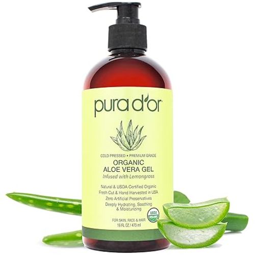 PURA D'OR 16 Oz ORGANIC Aloe Vera Gel - Unscented - All Natural - ZERO Artificial Preservatives - Deeply Hydrating & Moisturizing - Sunburn, Bug Bites, Rashes, Small Cuts, Eczema Relief - Skin & Hair