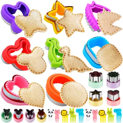 Uncrustable Sandwich Cutter, Crustless Sandwich Cutter and Sealer Set | 26PCS Sandwich Cookie Cutters & Forks, Heart Star Dino Mouse Butterfly Unicorn etc Shapes, Lunch & Bento Box Accessories