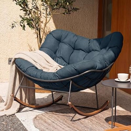 Grand patio Outdoor Rocking Chair, E-Coated Modern Cozy Lounge Rocker Chair with Cushion for Balcony Porch Patio, Navy Blue