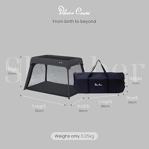 Silver Cross Sleep & Go 3 in 1 Travel Crib - Converts Newborn Bassinet, Crib to Playard - Portable, Lightweight, Easy to Pack with Comfortable Mattress for Infants to Toddlers - Carbon (Sustainable)