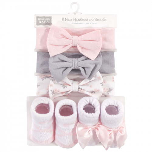 Hudson Baby Infant Girl Headband and Socks Set 5pk, Ballet, 0-9 Months