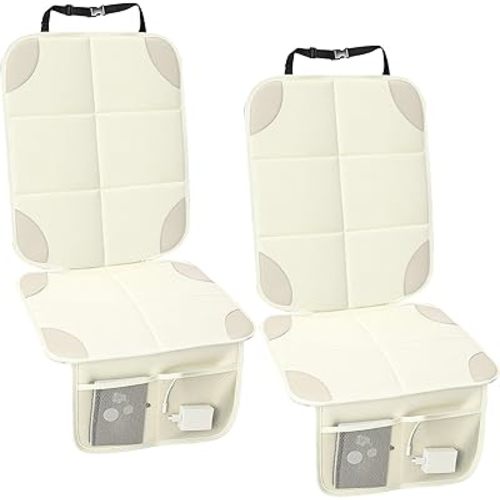 Aurelema 2 Pcs Car Seat Protector with Non-Slip Backing and Mesh Pockets 600d Fabric Child Car Seat Covers Waterproof, Durable for Baby and Pet, Sedan SUV Truck (Beige)