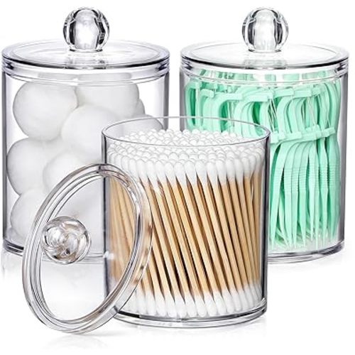 AOZITA 3 Pack Acrylic Qtip Holder Dispenser for Cotton Swab, Ball, Round Pads, Floss Picks - 10 oz Clear Plastic Apothecary Jar Set for Bathroom Canister Storage Organization, Vanity Makeup Organizer