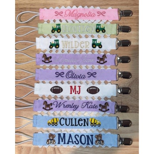 Monogrammed Pacifier Clip: Personalized Embroidered Scallop Ribbon Paci Clip