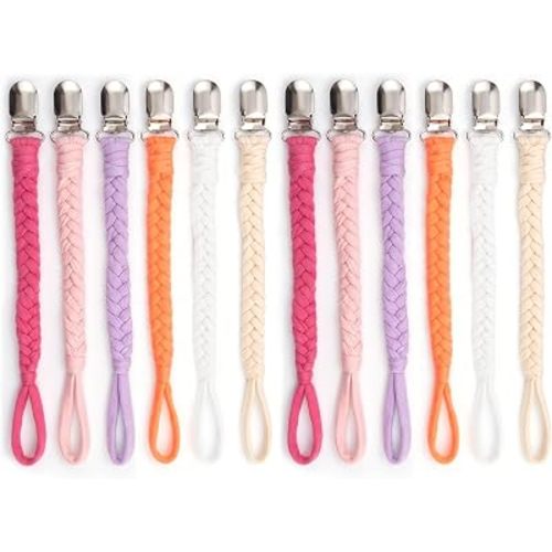 Pacifier Clip 12 Pack – Handmade Braided Cotton Paci Holder for Baby Girls,Soft & Safe Binky Leash,6 Vibrant Colors Binky Clips Fit for All Pacifiers