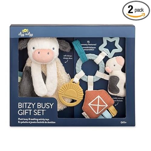 Itzy Ritzy Teething Toy Gift Set - Includes Cow Lovey & Barn-Themed Busy Ring Car Seat and Stroller Toy - Features Crinkle Sounds, Engaging Textures & Silicone Teething Relief (Farm)