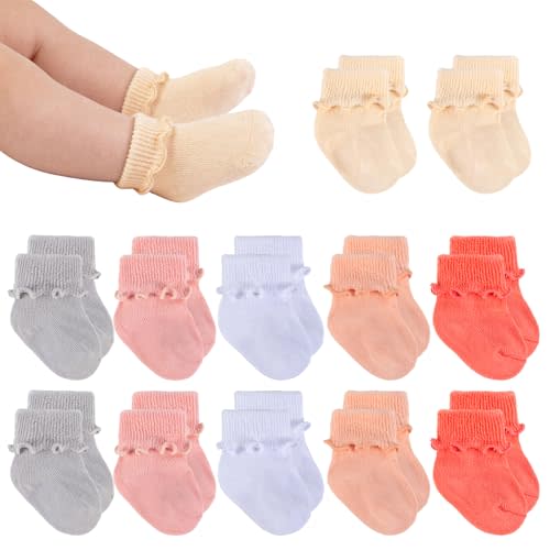 12 Pairs Newborn Baby Socks Ruffle Preemie Turn Cuff Cotton Non-slip Soft Warm Ankle Baby Doll Socks for Infant Girls Hospital Nicu 0-3 Months