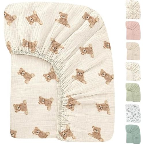 Organic Crib Sheets Fitted Crib Mattress Sheet 52x28 Inches 100% Muslin Cotton for Baby Girls & Boys, Soft Boho Neutral Toddler Bedding Bed Sheets Fits Well Standard Size Crib Mattress 28x52 Inches