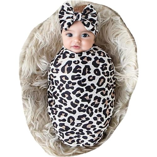 Galabloomer Baby Girl Newborn Receiving Blanket with Headband Set Baby Swaddle Nursery Swaddle Wrap with Card (Leopard)
