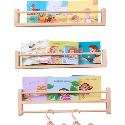 Nursery Shelves, Floating Bookshelves for Wall Set of 3, Pine Wood Wall Mounted Shelf for Books and Toy Decor Storage