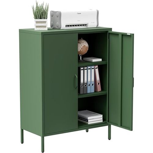 Washsemba Metal Storage Cabinet with Doors and Shelves,Multipurpose Storage Rack, 3-Tier Shelf,Metal Locker Style Accent Cabinet for Home Office,Living Room,Kitchen (Forest Green, 40''H)
