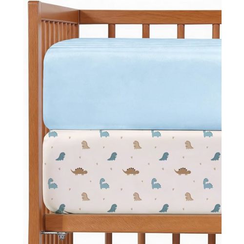 Baby Crib Sheets for Boys & Girls - Pack of 2 Fitted Microfiber Crib Sheets for Standard Crib & Toddler Mattress - Soft, Breathable & Wrinkle Free - Machine Washable, Oeko Tex - 52x28x8in - Cute Dinos