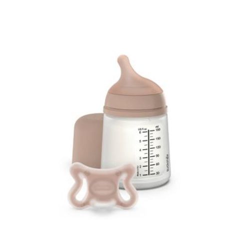 Suavinex Zero Newborn Starter Bottle Set Small Anti-Colic Bottle with Adaptable Flow & Pacifier - 2pc - Medium Brown