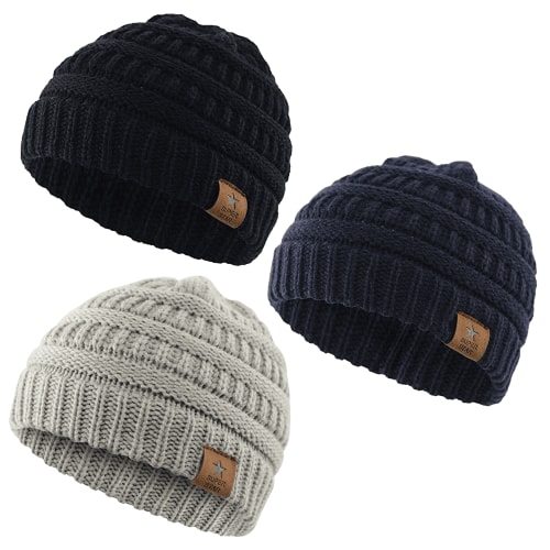 Tsioloow Baby Beanies Toddler Warm Knit Winter Hat Soft Cute Baby Hats Boys Girls Cozy Chunky Infant Caps Newborn Hats Beanie for Kids Black&Light Grey&Navy One Size