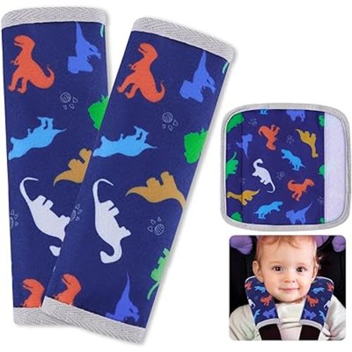 Seat Belt Cover Pad for Baby, Soft Seatbelt Cushion Covers for Kids 2Pcs Car Seat Strap Shoulder Pads for All Car Seats, Stroller, High Chair,Blue Dinosaur