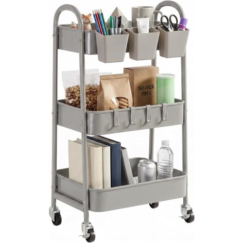 danpinera 3-Tier Rolling Cart, Metal Rolling Storage Cart with Lockable Wheels & Hanging Cups & Hooks, Mobile Trolley Cart for Kitchen, Bathroom, Office, Workshop, Gray