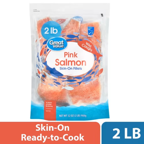 Great Value Wild Caught Pink Salmon Fillets 2 lb Skin-On Frozen with Delicate Texture